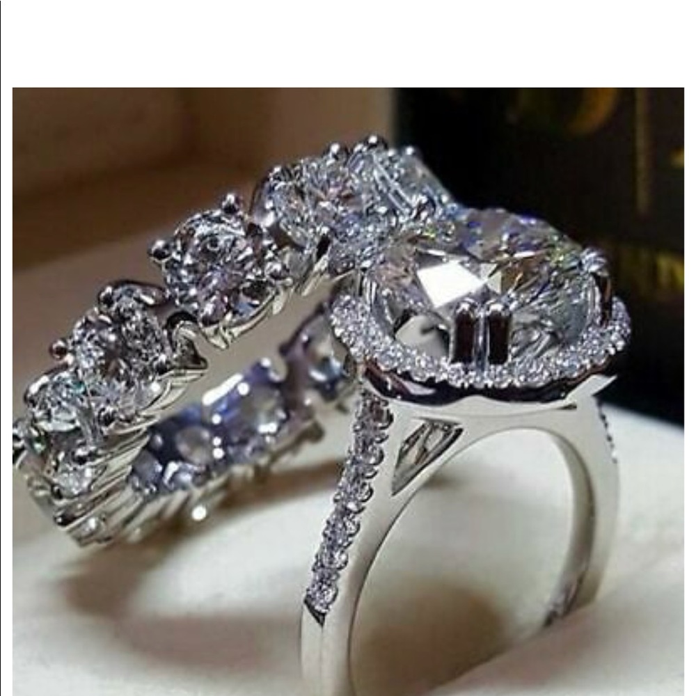 New 2 PC Set 925  Silver Sapphire Ring